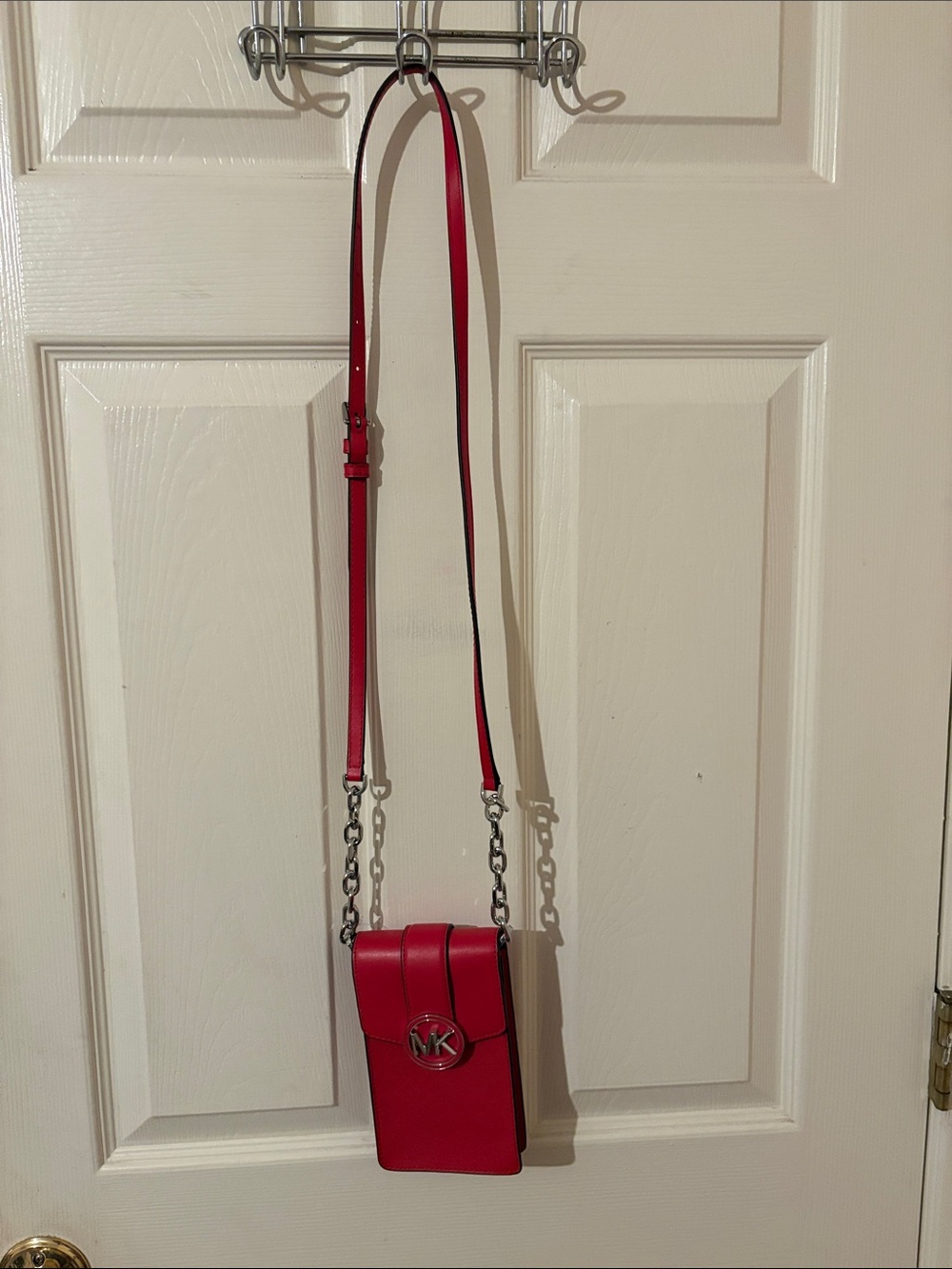 Michael Kors Red Crossbody Phone Pouch with Silver Chain